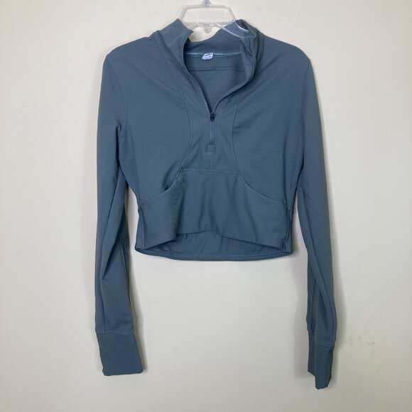 90 Degree By Reflex Womens Large Green Ribbed Quarter-Zip Cropped Pullover - Picture 1 of 9